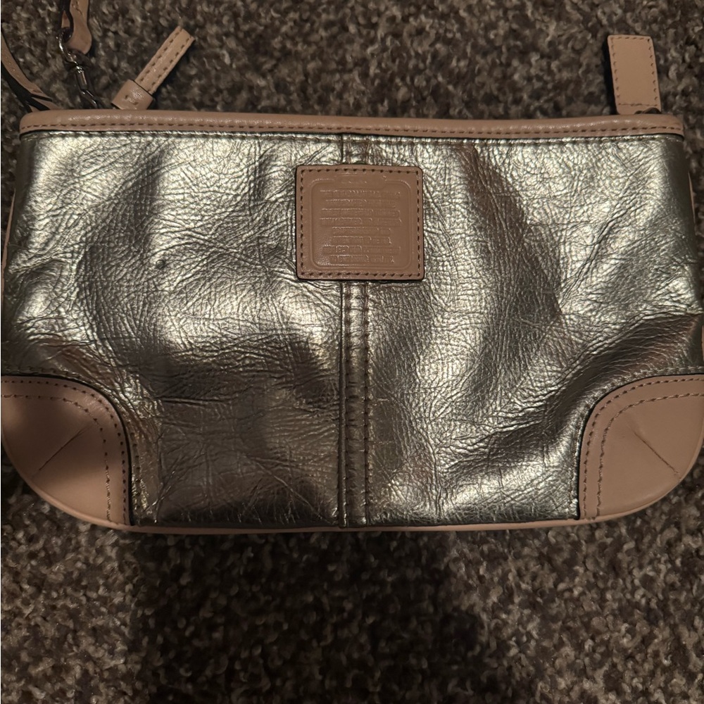 Coach Metallic Silver Wristlet with Nude Trim